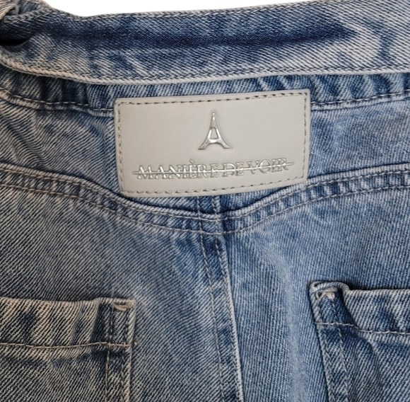 Maniere De Voir Talia Denim Strap Cargo Jeans in Mid Blue - Picture 13 of 15